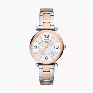Fossil Carlie ES5156 women’s two-tone stainless steel watch with white sunray dial and date display