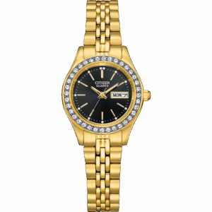 Citizen EQ0532-55E Women's Quartz Watch with black dial and gold-tone stainless steel bracelet