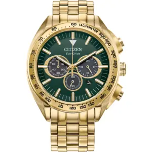 Citizen CA4542-59X Eco-Drive chronograph watch with green dial and gold-tone stainless steel bracelet