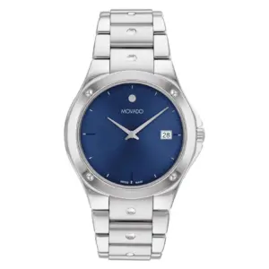 Movado Excel 40 mm stainless steel watch with blue dial and date window