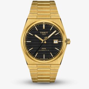Tissot PRX Powermatic 80 Damian Lillard Special Edition gold watch with black embossed “0” dial