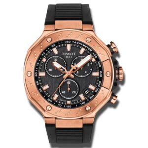 Tissot T‑Race Chronograph T141.417.37.051.00 rose-gold PVD watch with black dial and silicone strap
