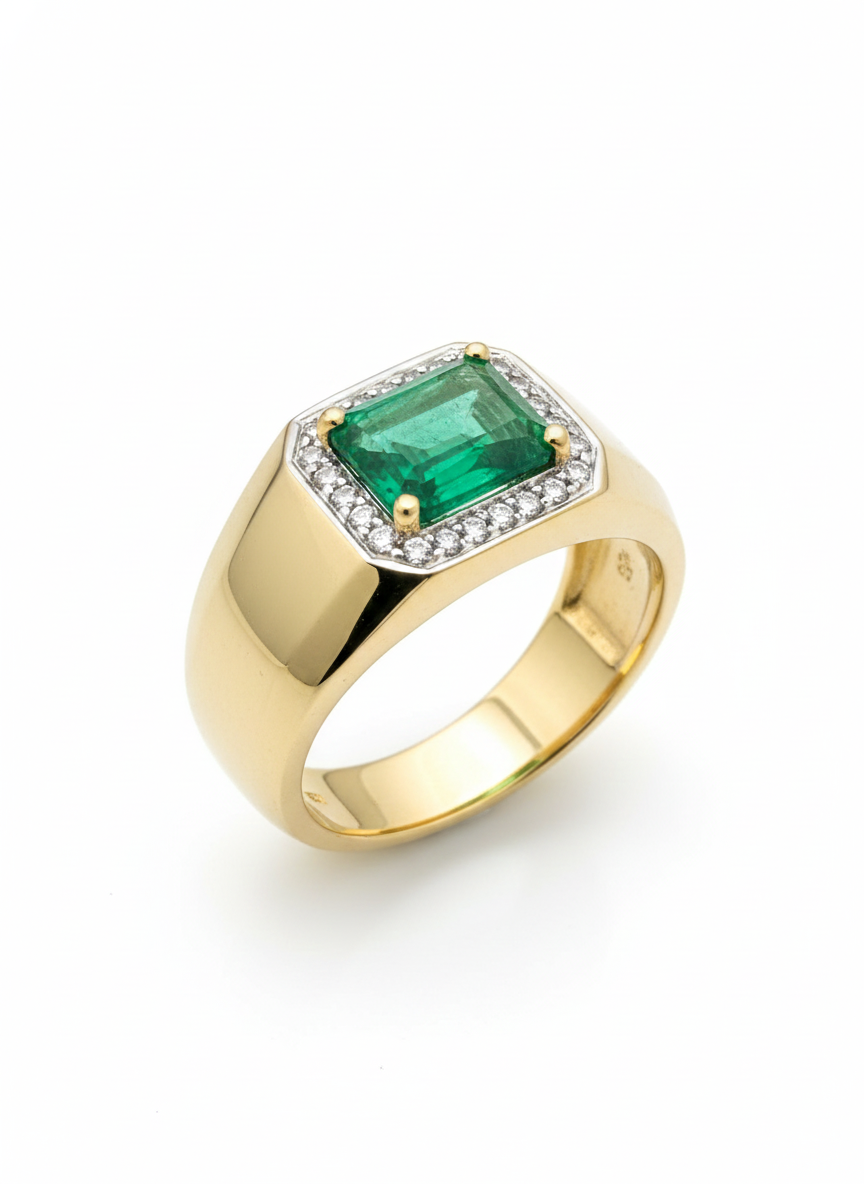14K Yellow Gold 1.30 CT Emerald & Diamond Halo Ring