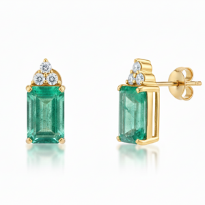 Emerald-Cut Emerald & Diamond Cluster Stud Earrings in 14K Yellow Gold