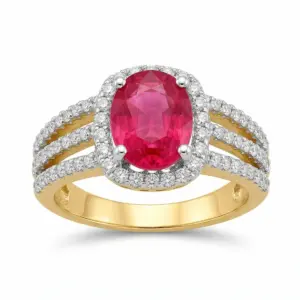 Yellow 14k Ruby Ring With   0.50tw Round Shape Diamond and   2.30tw Oval Shape Ruby