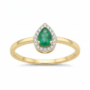 Yellow 14k Emerald Ring With   0.30tw Pear Shape Emerald and   0.08tw Round Shape Diamond