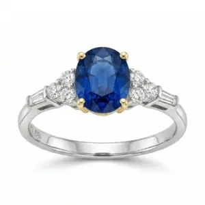 Two Tone 14k Sapphire Ring With   1.65tw Oval Shape Sapphire and   0.20tw Round Shape Diamond and   0.06tw Trapeze Shape