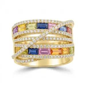 Yellow 14k Multi Sapphire Ring With   0.57tw Round Shape Diamond and   1.86tw Round Shape Multi Sapphire
