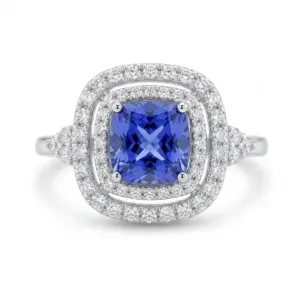 White 14k Tanzanite Ring With   1.45tw Cusion Shape Tanzanite and   0.52tw Round Shape Diamond