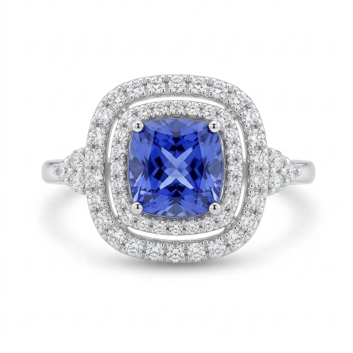 White 14k Tanzanite Ring With 1.45tw Cusion Shape Tanzanite and 0.52tw Round Shape Diamond