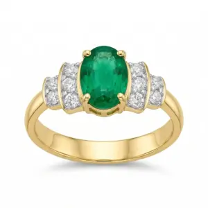 Yellow 14k Emerald Ring With   1.28tw Oval Shape Emerald and   0.35tw Round Shape Diamond