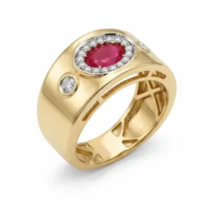 Yellow 14k Ruby Ring With   0.77tw Oval Shape Ruby and   0.20tw Round Shape Diamond