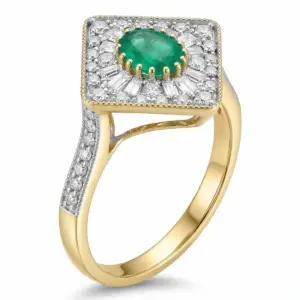 Yellow 14k Emerald Ring With   0.54tw Oval Shape Emerald and   0.34tw Round Shape Diamond and   0.33tw Trapeze Shape Dia