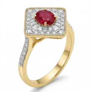 Yellow 14k Ruby Ring With   0.80tw Oval Shape Ruby and   0.34tw Round Shape Diamond and   0.33tw Trapeze Shape Diamonds