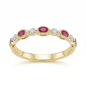 Yellow 14k Ruby Ring With   0.31tw Oval Shape Ruby and   0.15tw Round Shape Diamond