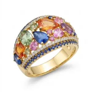 Yellow 14k Multi Sapphire Ring With   5.00tw Pear Shape Multi Stone and   0.25tw Round Shape Diamond