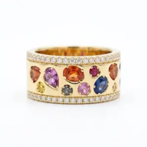 Yellow 14k Multi Sapphire Ring With   0.32tw Round Shape Diamond and   1.48tw Round Shape Multi Sapphire
