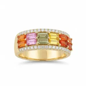 Yellow 14k Multi Sapphire Ring With   1.74tw Baguette Multi Sapphire and   0.25tw Round Shape Diamond