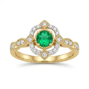 Yellow 14k Emerald Ring With   0.37tw Round Shape Emerald and   0.22tw Round Shape Diamond