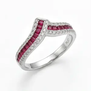 White 14k Ruby Ring With   0.61tw Baguette Ruby and   0.32tw Round Shape Diamond