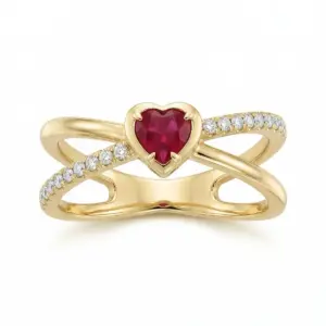 Yellow 14k Ruby Ring With   0.40tw Heart Shape Ruby and   0.12tw Round Shape Diamond