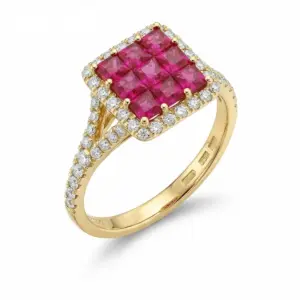 Yellow 14k Ruby Ring With   0.87tw Princess Cut Ruby and   0.33tw Round Shape Diamond