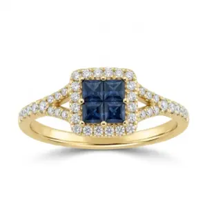 Yellow 14k Sapphire Ring With   0.43tw Princess Cut Sapphire and   0.28tw Round Shape Diamond