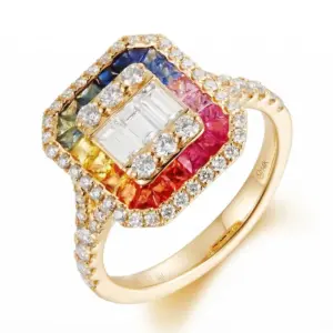 Yellow 14k Multi Sapphire Ring With   0.96tw Round Shape Diamond and   0.86tw Round Shape Multi Sapphire