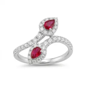White 14k Ruby Ring With   0.45tw Pear Shape Ruby and   0.88tw Round Shape Diamond