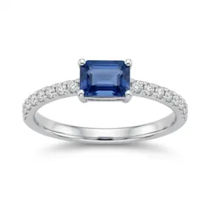 White 14k Sapphire Ring With   0.68tw Emerald Cut Sapphire and   0.18tw Round Shape Diamond