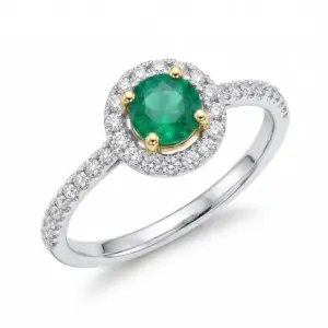 White 14k Emerald Ring With   0.20tw Round Shape Diamond and   0.25tw Round Shape Emerald