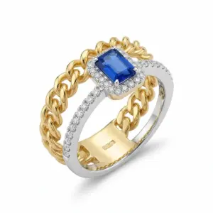 Two Tone 14k Sapphire Ring With   0.80tw Emerald Cut Sapphire and   0.37tw Round Shape Diamond