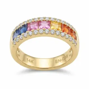 Yellow 14k Multi Sapphire Ring With   1.42tw Round Shape Multi Sapphire and   0.43tw Round Shape Diamond