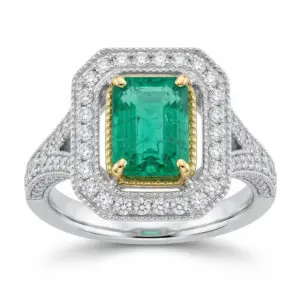 Two Tone Platinum Emerald Ring With   1.85tw Emerald Cut Emerald and   0.61tw Round Shape Diamond