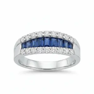 White 14k Sapphire Ring With   0.87tw Baguette Sapphire and   0.42tw Round Shape Diamond