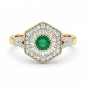 Yellow 14k Emerald Ring With   0.55tw Round Shape Emerald and   0.29tw Round Shape Diamond and   0.47tw Trapeze Shape Di