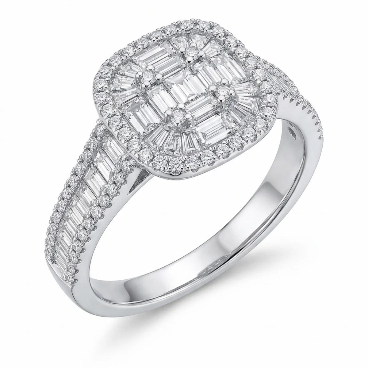 White 14k Diamond Ring With 0.45tw Baguette Diamond and 0.38tw Round Shape Diamond and 0.32tw Trapeze Shape Diamon