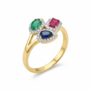 Yellow 14k Mulit Color Diamonds Ring With   0.24tw Emerald Cut Ruby and   0.24tw Oval Shape Emerald and   0.32tw Pear Sh